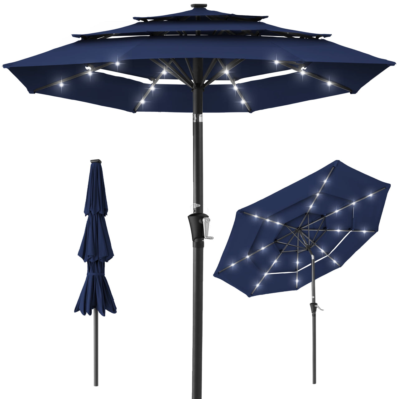 Best Choice Products 10ft 3-Tier Solar Patio Umbrella w/ 24 LED Lights, Tilt Adjustment, Easy Crank - Tan