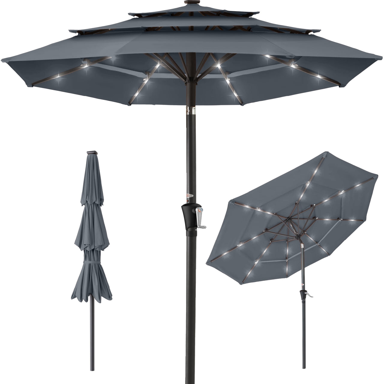 Best Choice Products 10ft 3-Tier Solar Patio Umbrella w/ 24 LED Lights, Tilt Adjustment, Easy Crank - Tan
