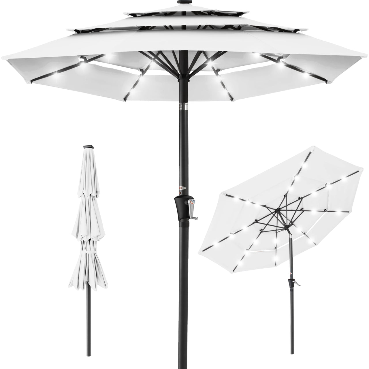 Best Choice Products 10ft 3-Tier Solar Patio Umbrella w/ 24 LED Lights, Tilt Adjustment, Easy Crank - Tan
