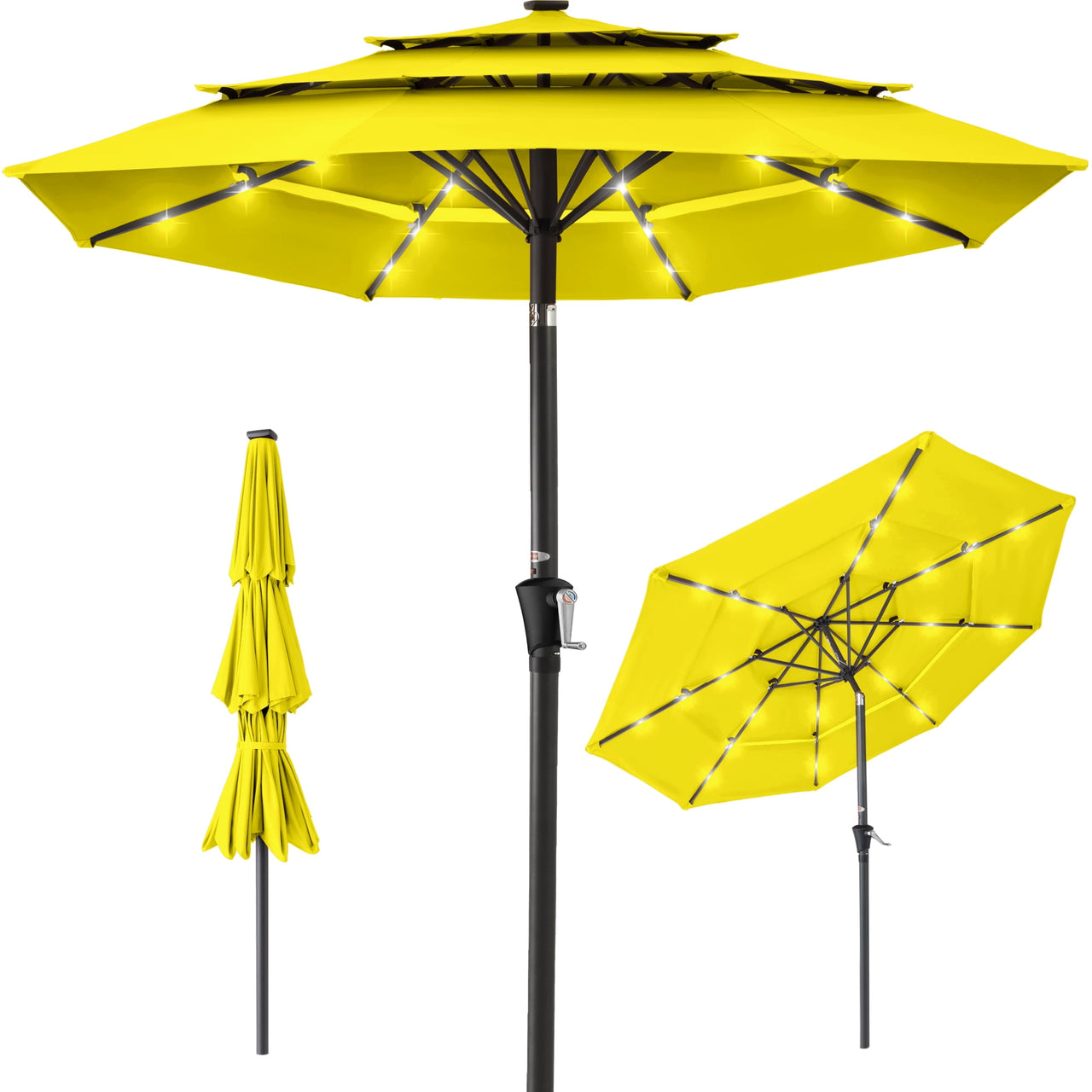 Best Choice Products 10ft 3-Tier Solar Patio Umbrella w/ 24 LED Lights, Tilt Adjustment, Easy Crank - Tan