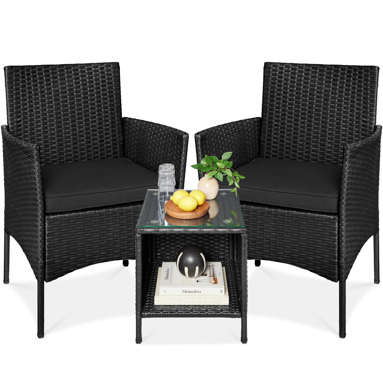 Best Choice Products 3-Piece Outdoor Wicker Conversation Patio Bistro Set, w/ 2 Chairs, Table - Gray/Navy