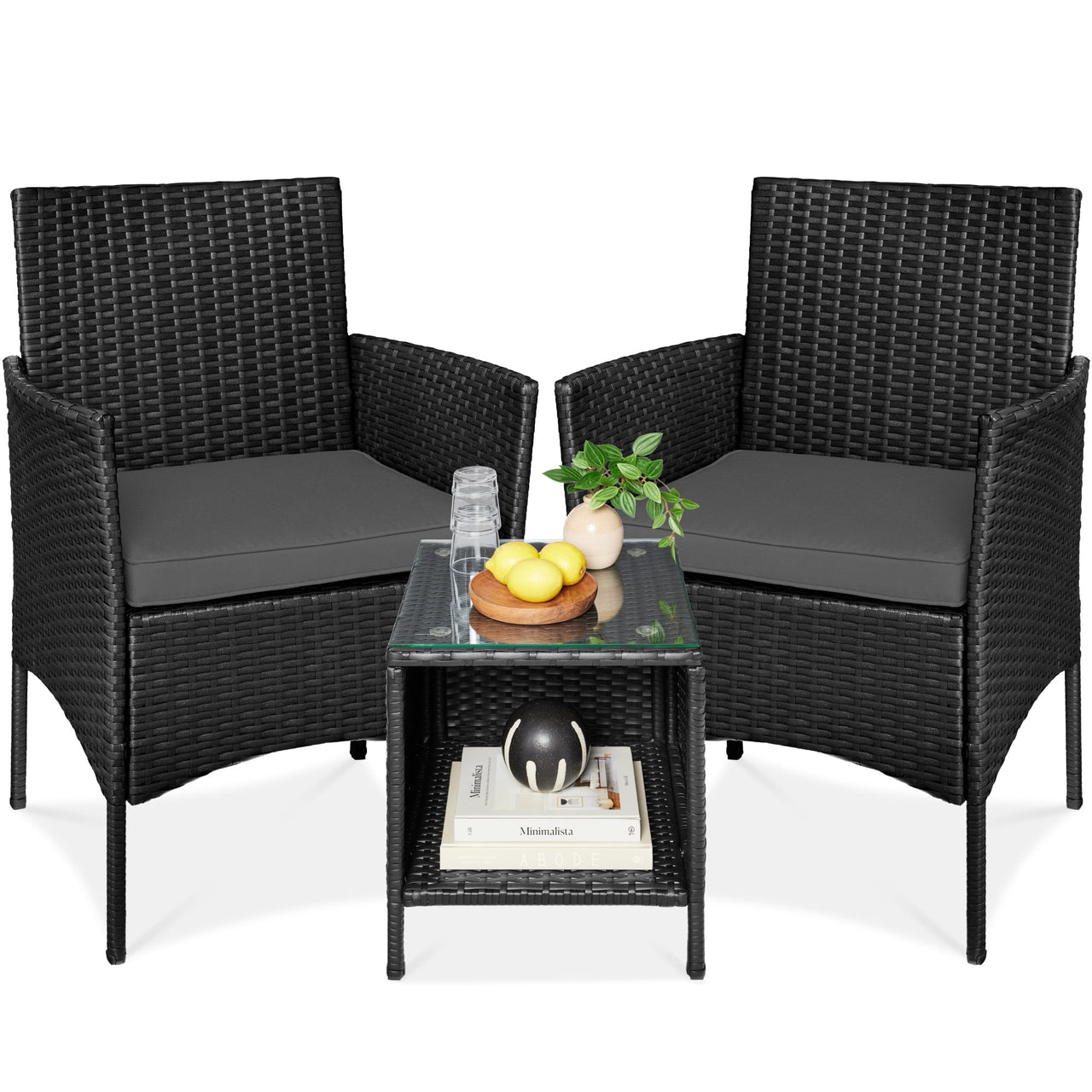 Best Choice Products 3-Piece Outdoor Wicker Conversation Patio Bistro Set, w/ 2 Chairs, Table - Gray/Navy