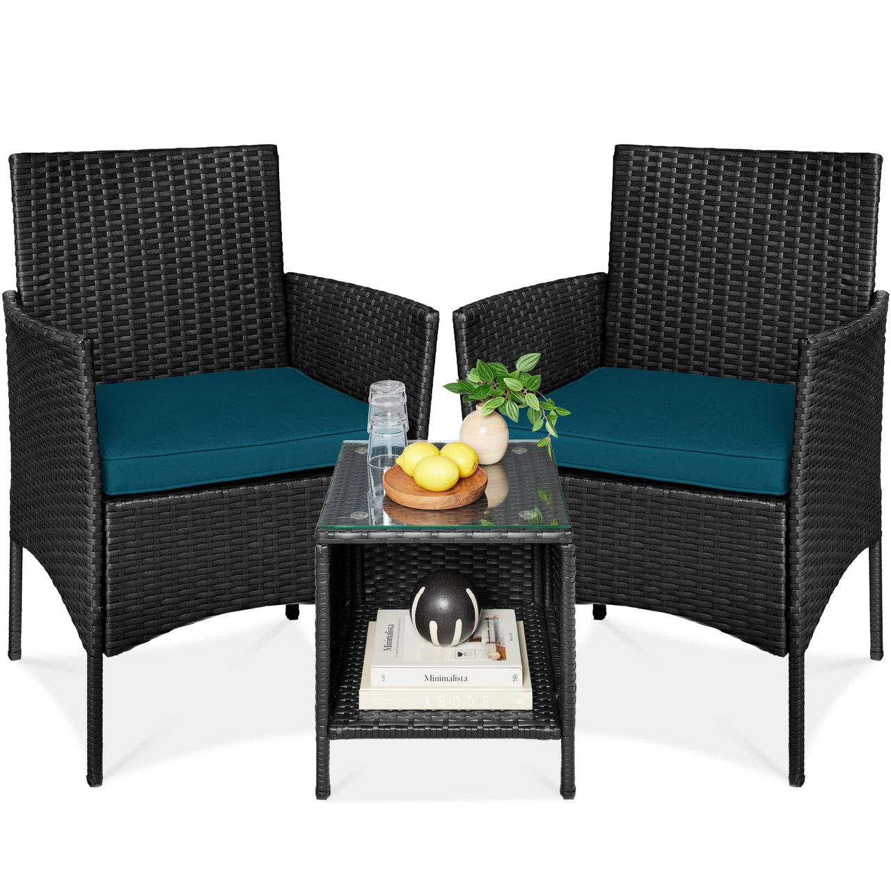 Best Choice Products 3-Piece Outdoor Wicker Conversation Patio Bistro Set, w/ 2 Chairs, Table - Gray/Navy