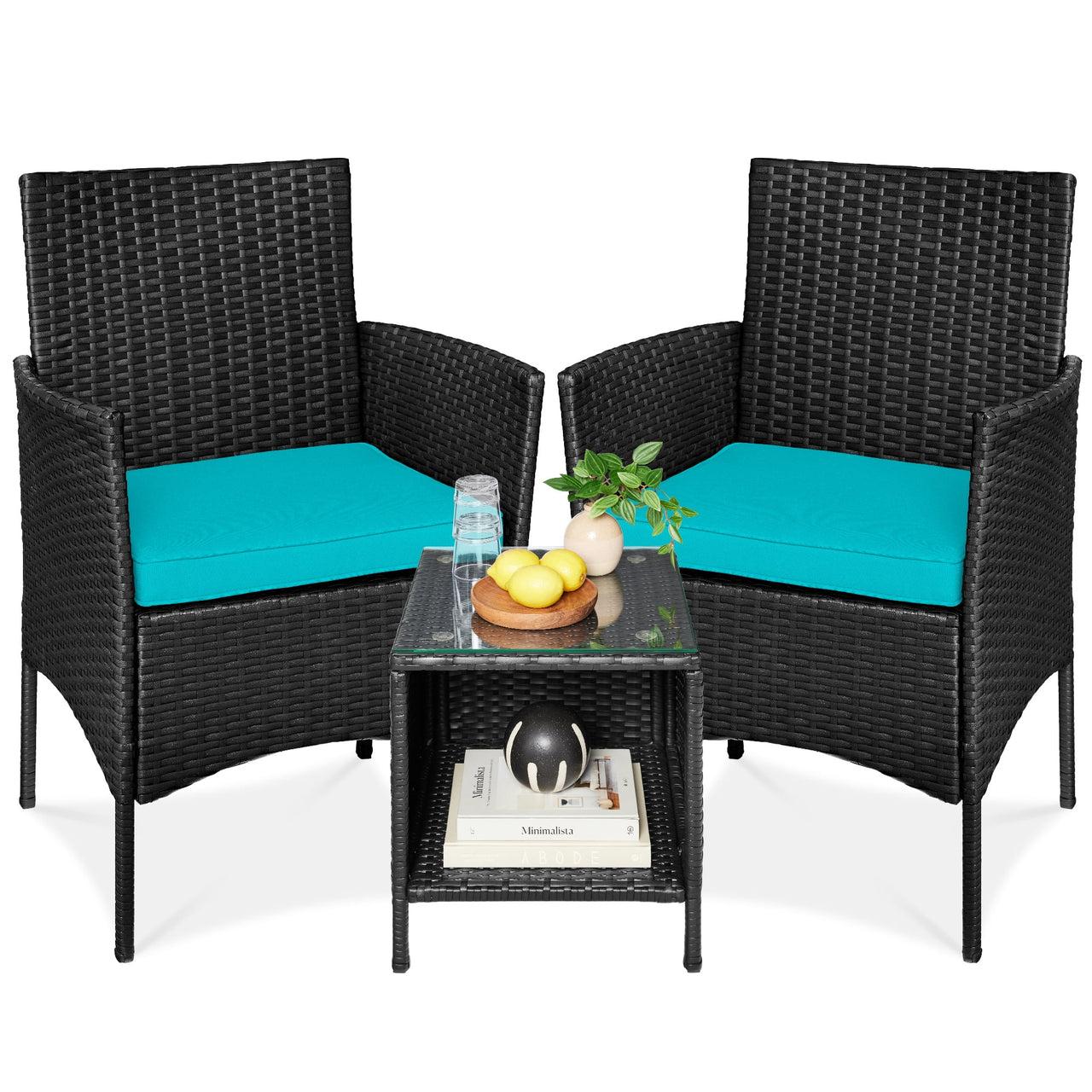 Best Choice Products 3-Piece Outdoor Wicker Conversation Patio Bistro Set, w/ 2 Chairs, Table - Gray/Navy