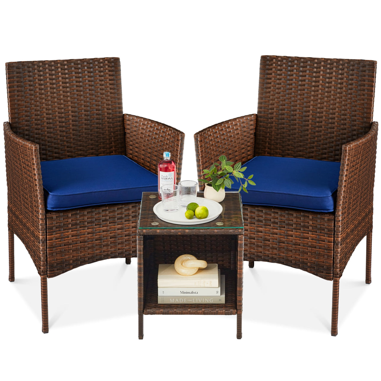 Best Choice Products 3-Piece Outdoor Wicker Conversation Patio Bistro Set, w/ 2 Chairs, Table - Gray/Navy
