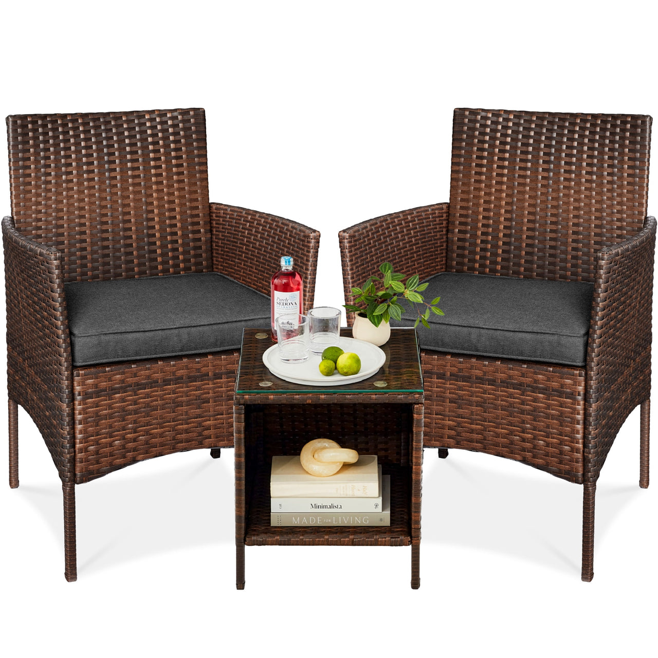 Best Choice Products 3-Piece Outdoor Wicker Conversation Patio Bistro Set, w/ 2 Chairs, Table - Gray/Navy