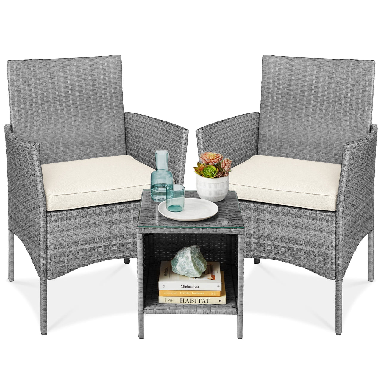 Best Choice Products 3-Piece Outdoor Wicker Conversation Patio Bistro Set, w/ 2 Chairs, Table - Gray/Navy