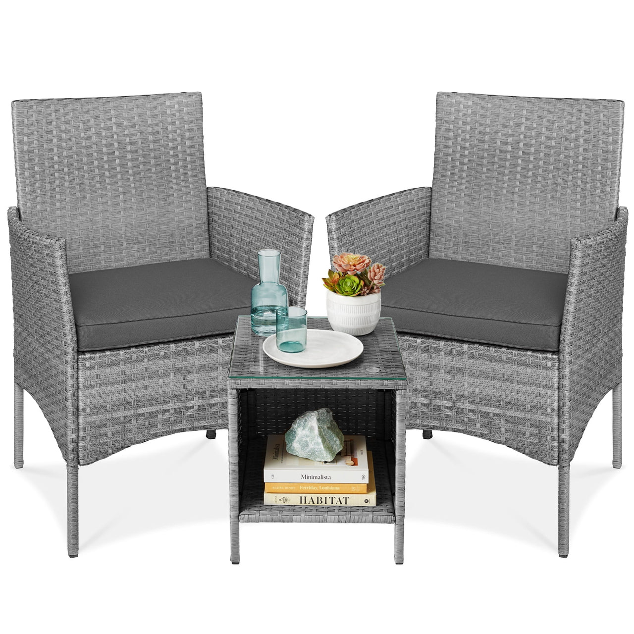 Best Choice Products 3-Piece Outdoor Wicker Conversation Patio Bistro Set, w/ 2 Chairs, Table - Gray/Navy