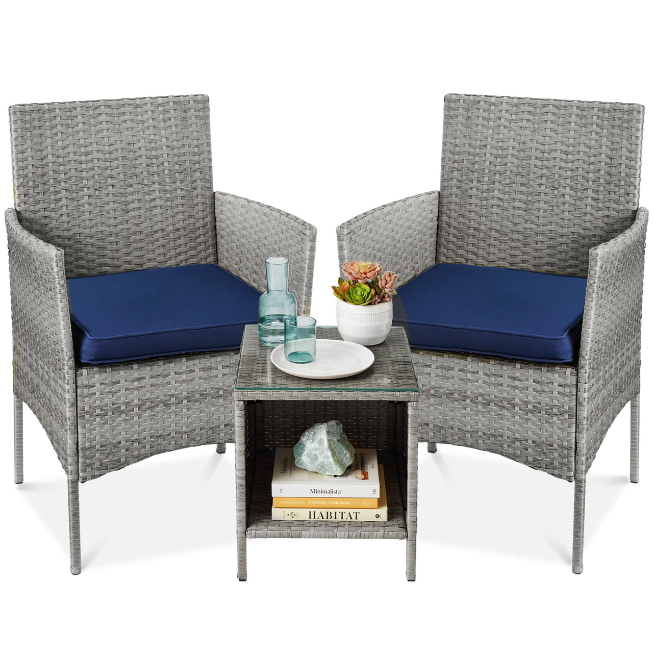 Best Choice Products 3-Piece Outdoor Wicker Conversation Patio Bistro Set, w/ 2 Chairs, Table - Gray/Navy
