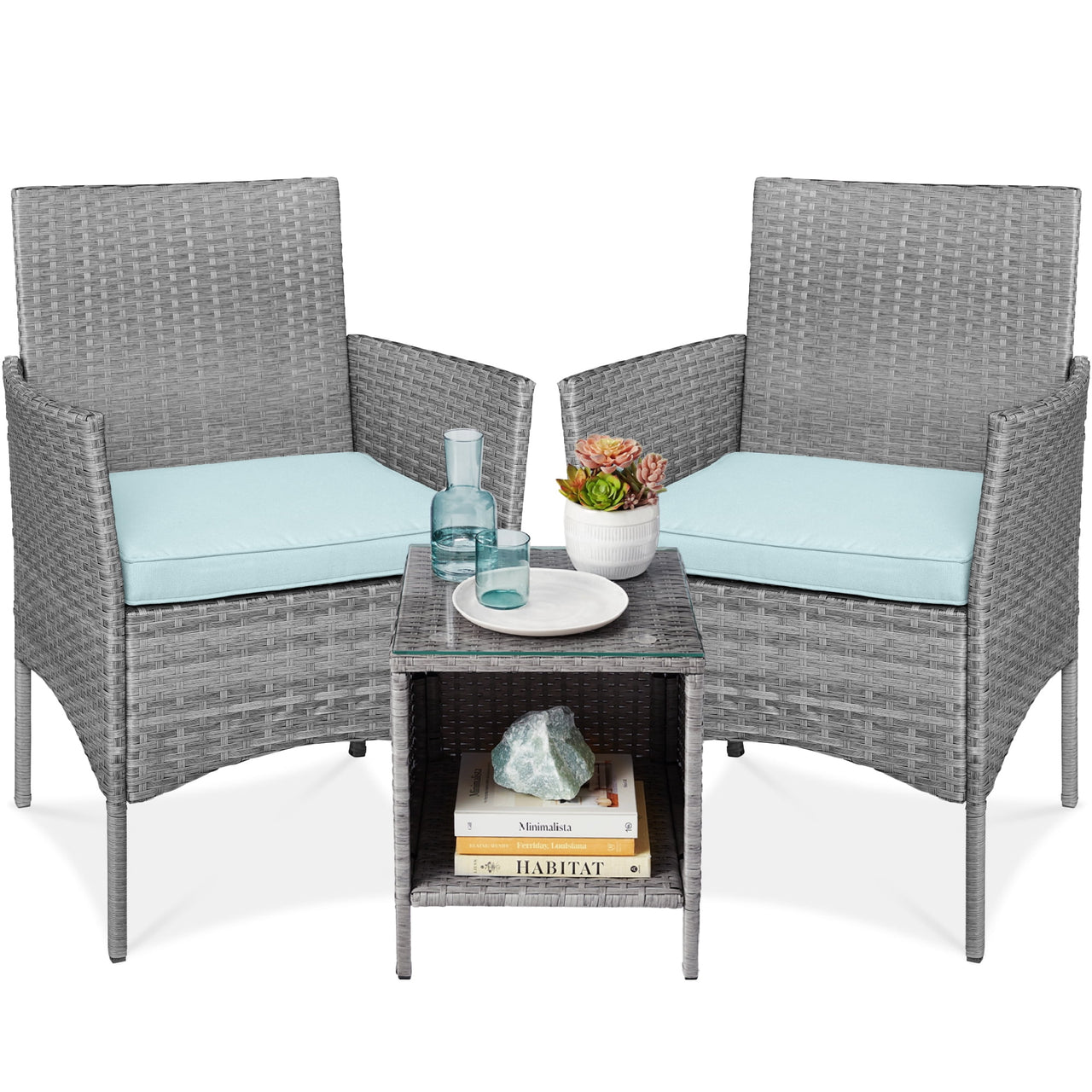 Best Choice Products 3-Piece Outdoor Wicker Conversation Patio Bistro Set, w/ 2 Chairs, Table - Gray/Navy