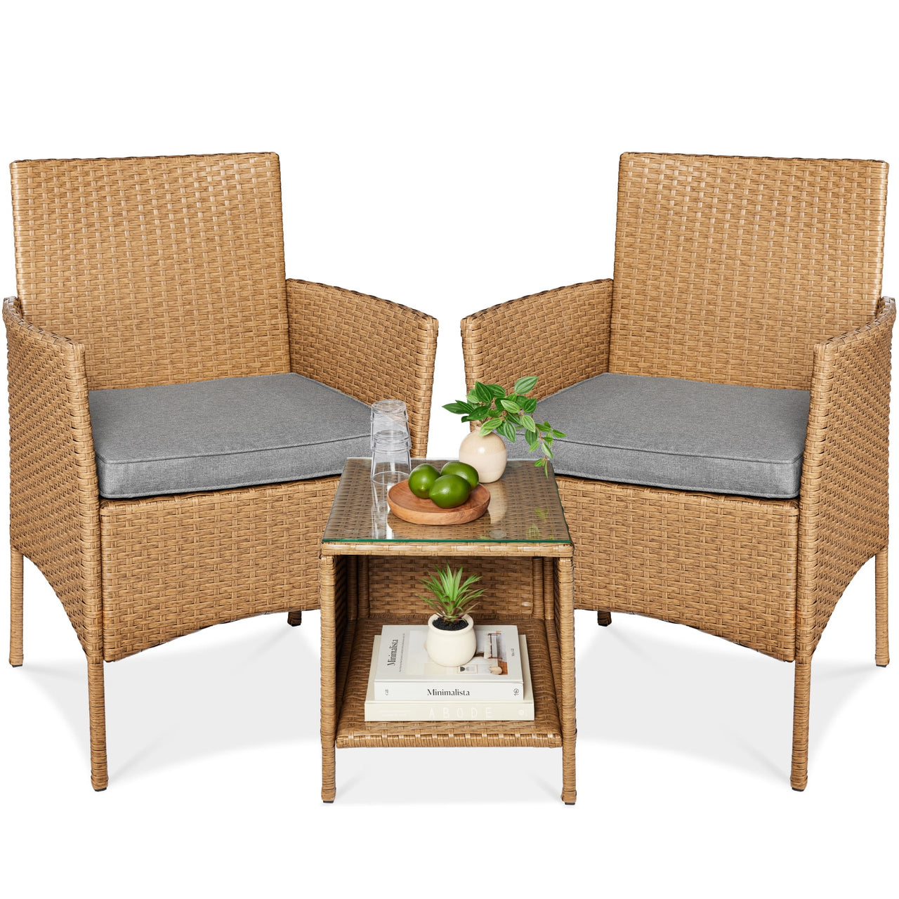 Best Choice Products 3-Piece Outdoor Wicker Conversation Patio Bistro Set, w/ 2 Chairs, Table - Gray/Navy