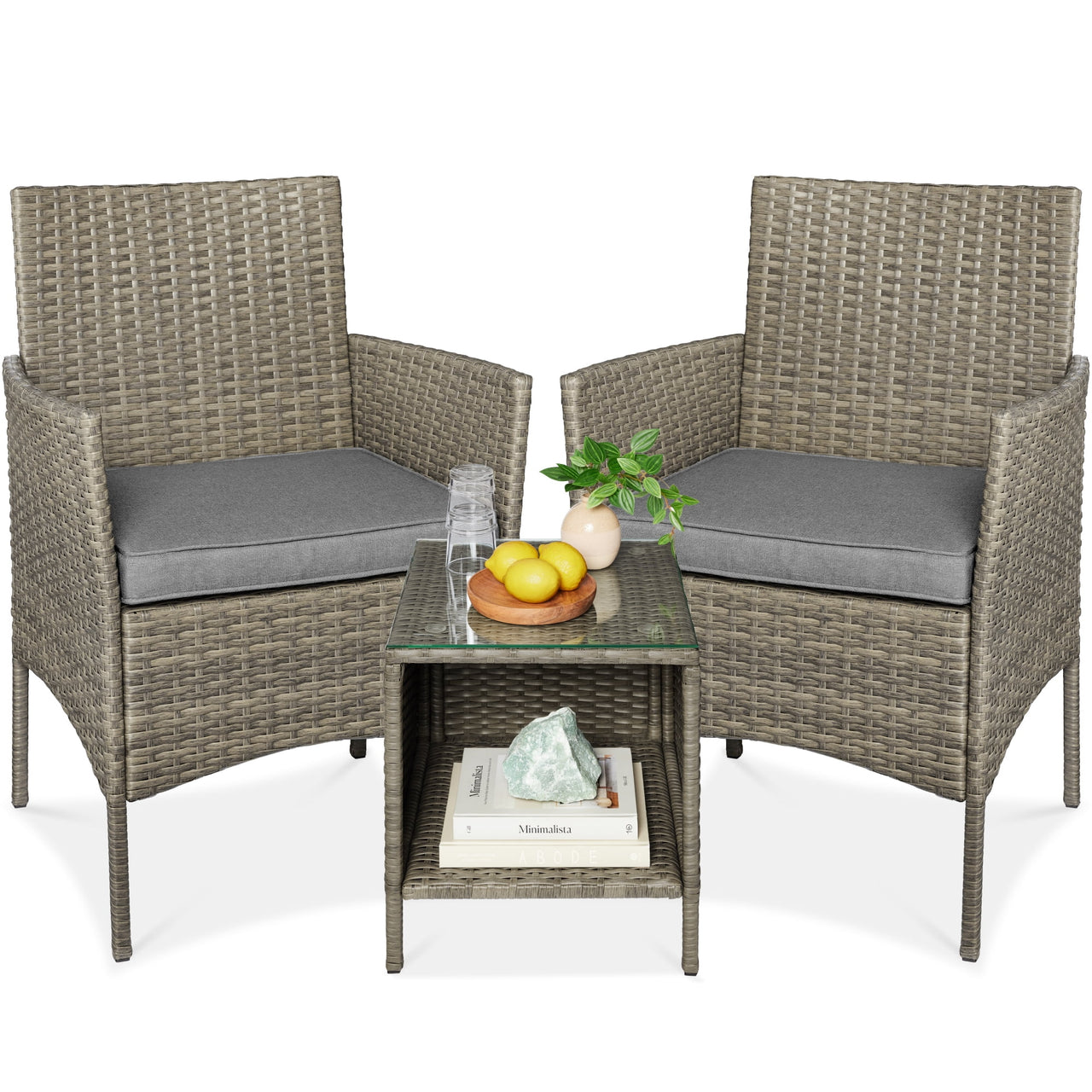 Best Choice Products 3-Piece Outdoor Wicker Conversation Patio Bistro Set, w/ 2 Chairs, Table - Gray/Navy