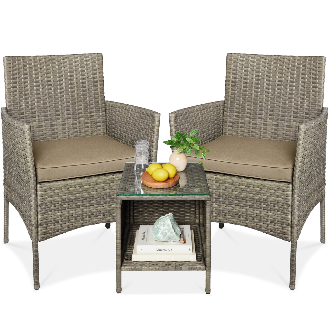Best Choice Products 3-Piece Outdoor Wicker Conversation Patio Bistro Set, w/ 2 Chairs, Table - Gray/Navy