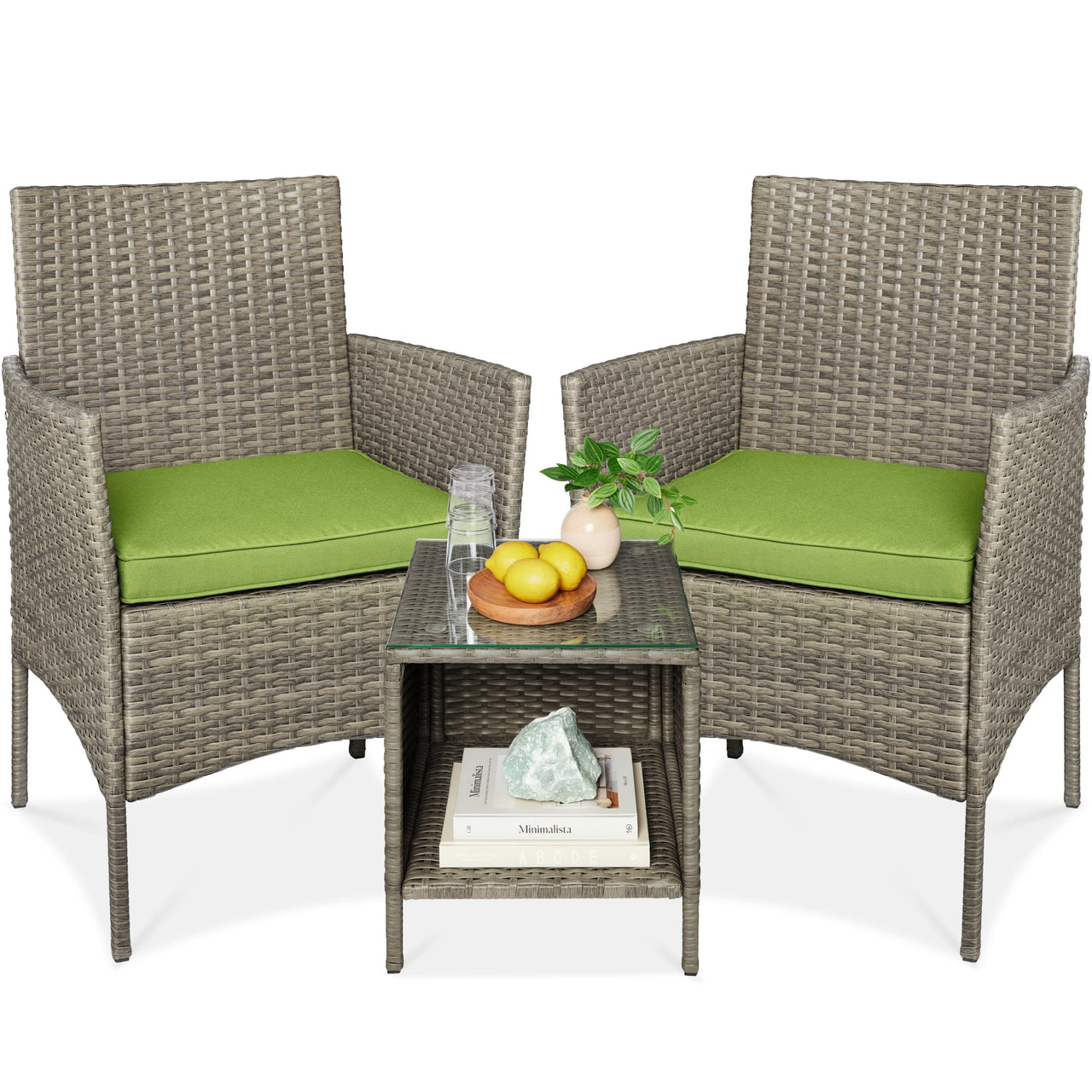 Best Choice Products 3-Piece Outdoor Wicker Conversation Patio Bistro Set, w/ 2 Chairs, Table - Gray/Navy