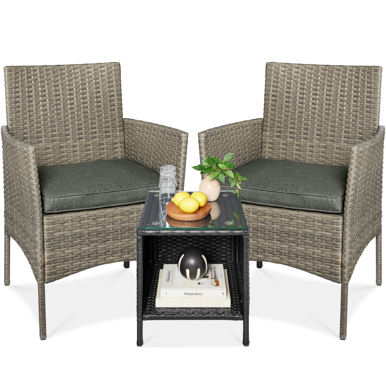 Best Choice Products 3-Piece Outdoor Wicker Conversation Patio Bistro Set, w/ 2 Chairs, Table - Gray/Navy