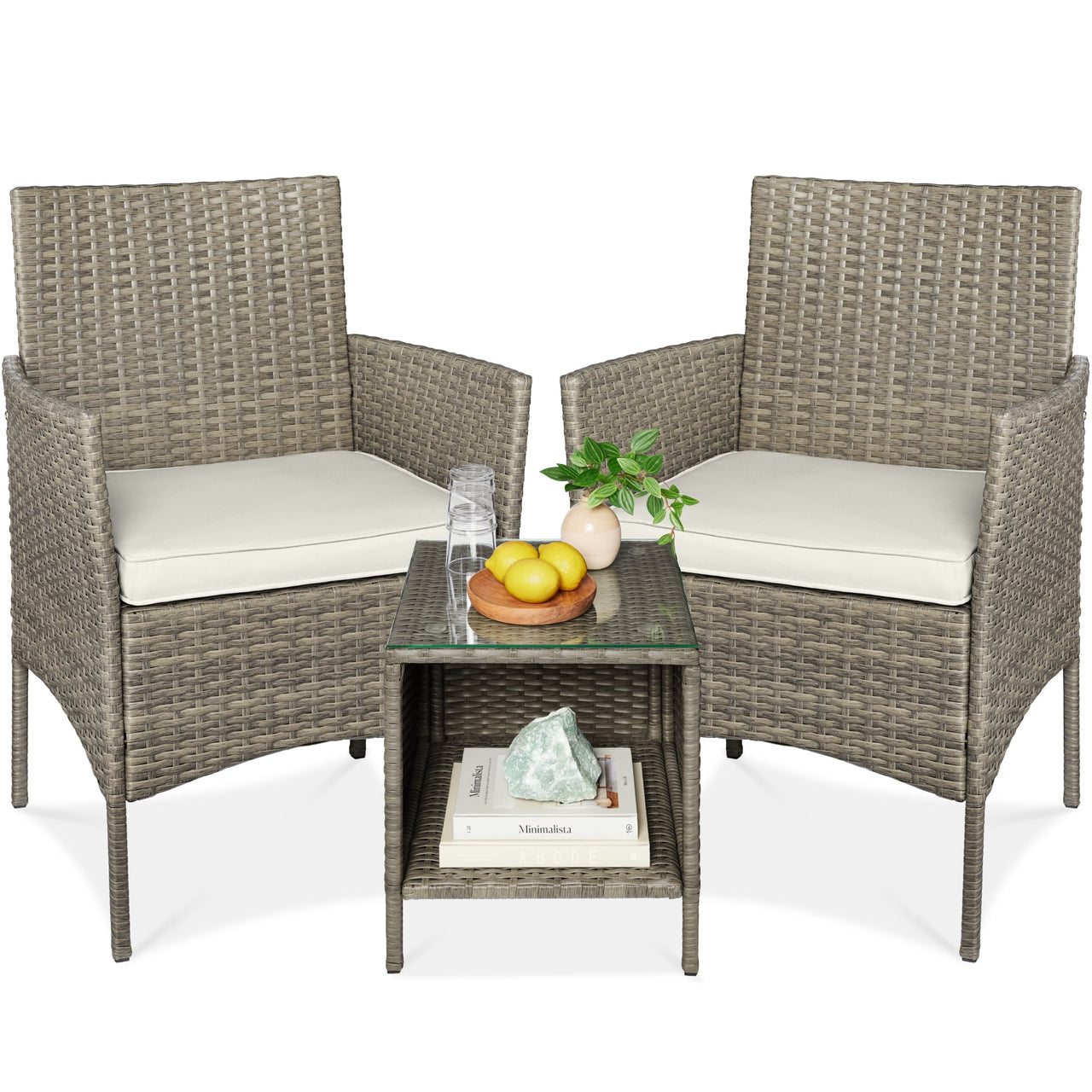 Best Choice Products 3-Piece Outdoor Wicker Conversation Patio Bistro Set, w/ 2 Chairs, Table - Gray/Navy