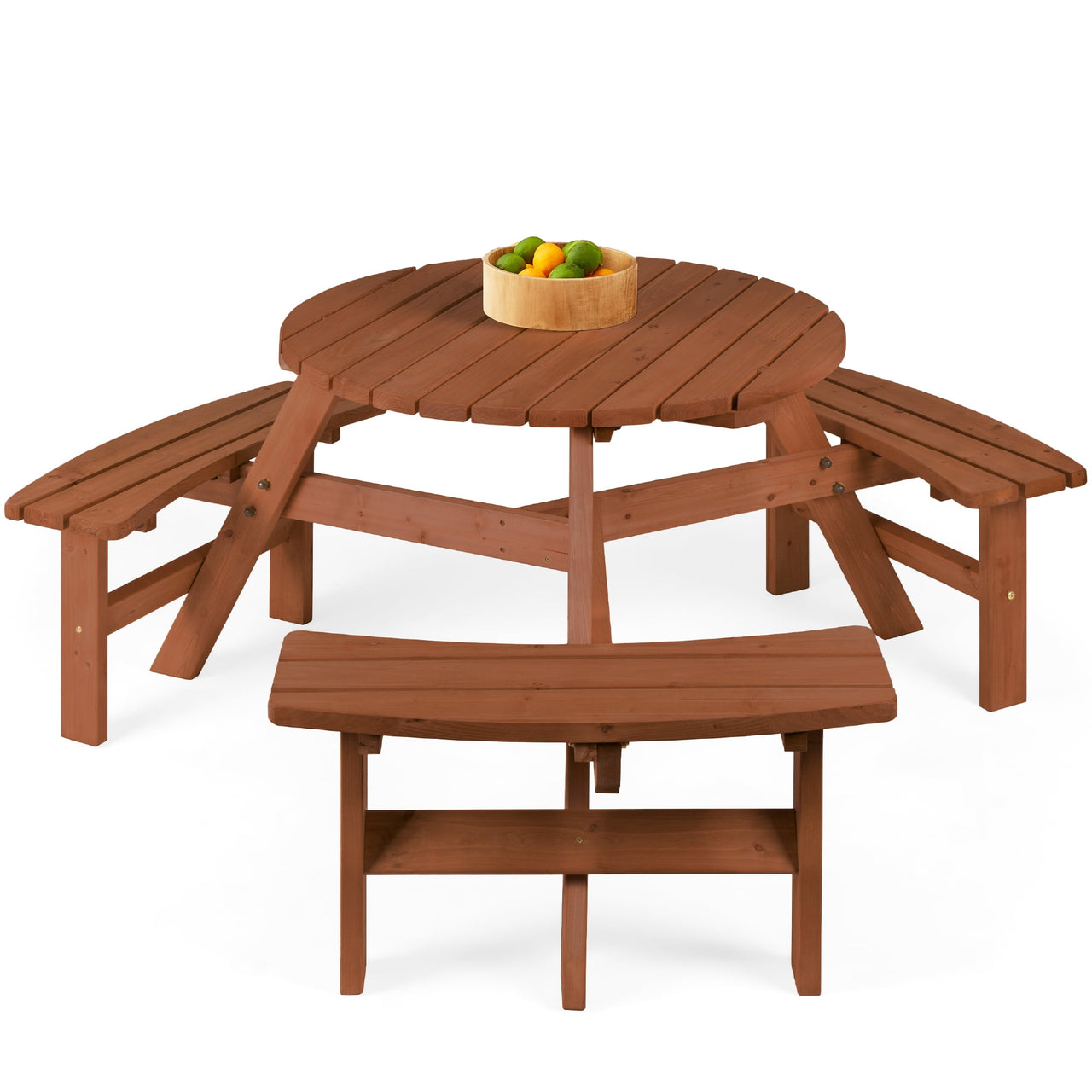 Best Choice Products 6-Person Circular Outdoor Wooden Picnic Table w/ 3 Built-In Benches, 500lb Capacity - Natural
