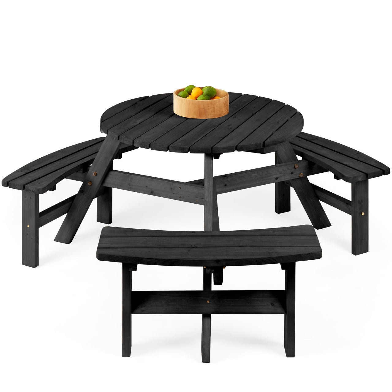 Best Choice Products 6-Person Circular Outdoor Wooden Picnic Table w/ 3 Built-In Benches, 500lb Capacity - Natural