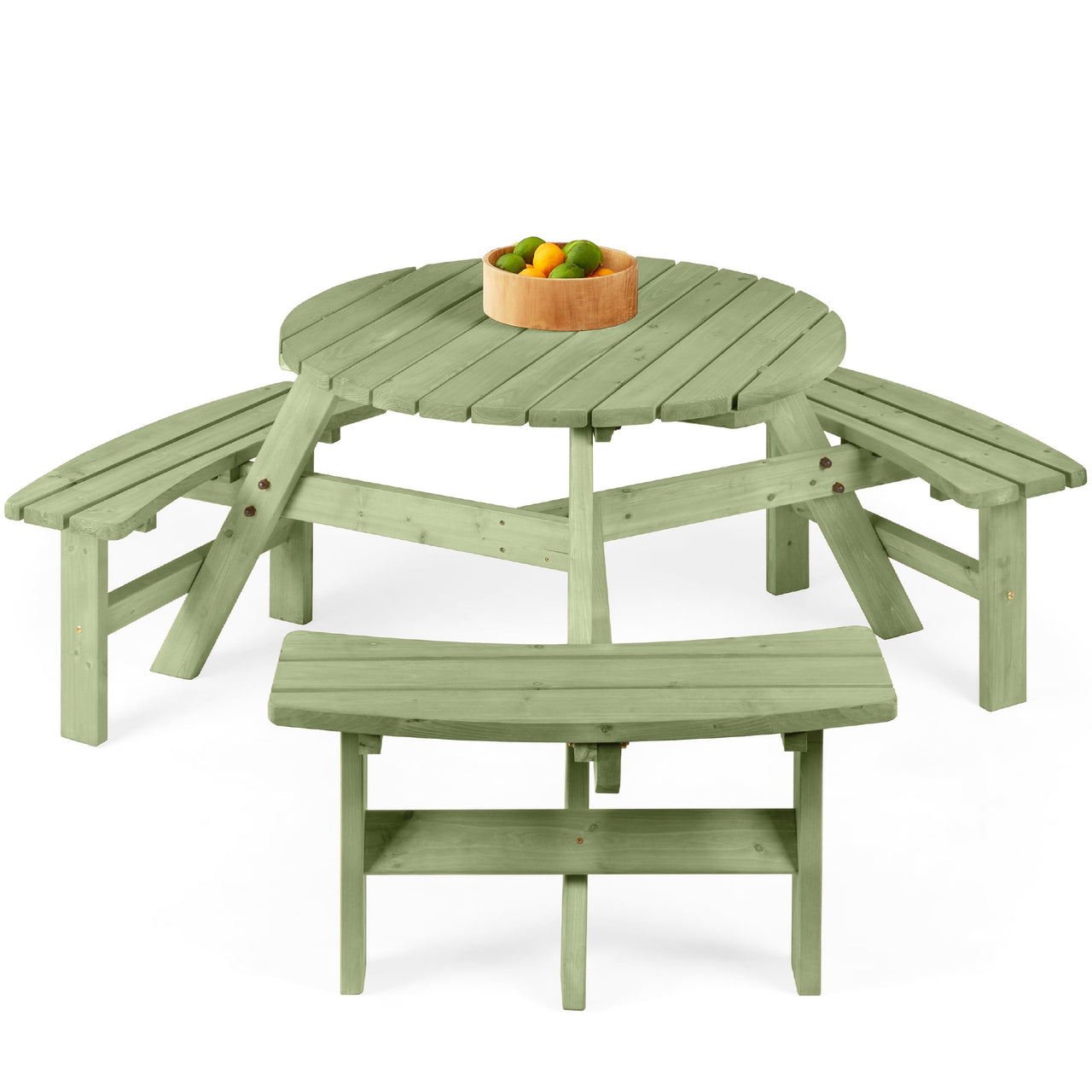 Best Choice Products 6-Person Circular Outdoor Wooden Picnic Table w/ 3 Built-In Benches, 500lb Capacity - Natural