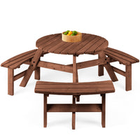 Best Choice Products 6-Person Circular Outdoor Wooden Picnic Table w/ 3 Built-In Benches, 500lb Capacity - Natural