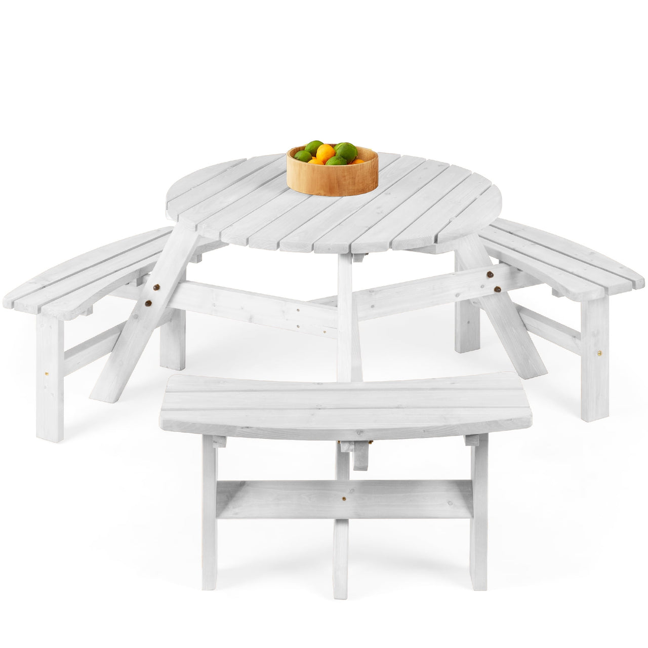 Best Choice Products 6-Person Circular Outdoor Wooden Picnic Table w/ 3 Built-In Benches, 500lb Capacity - Natural