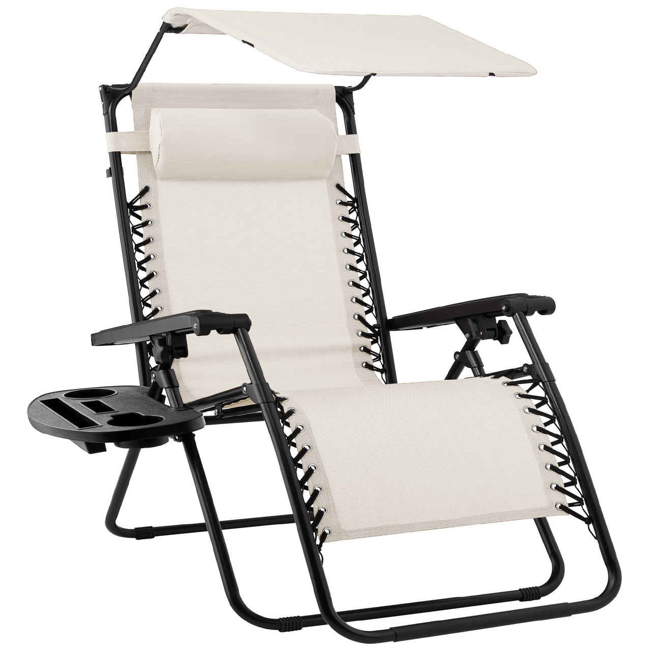 Best Choice Products Folding Zero Gravity Recliner Patio Lounge Chair w/ Canopy Shade, Headrest, Tray - Beige