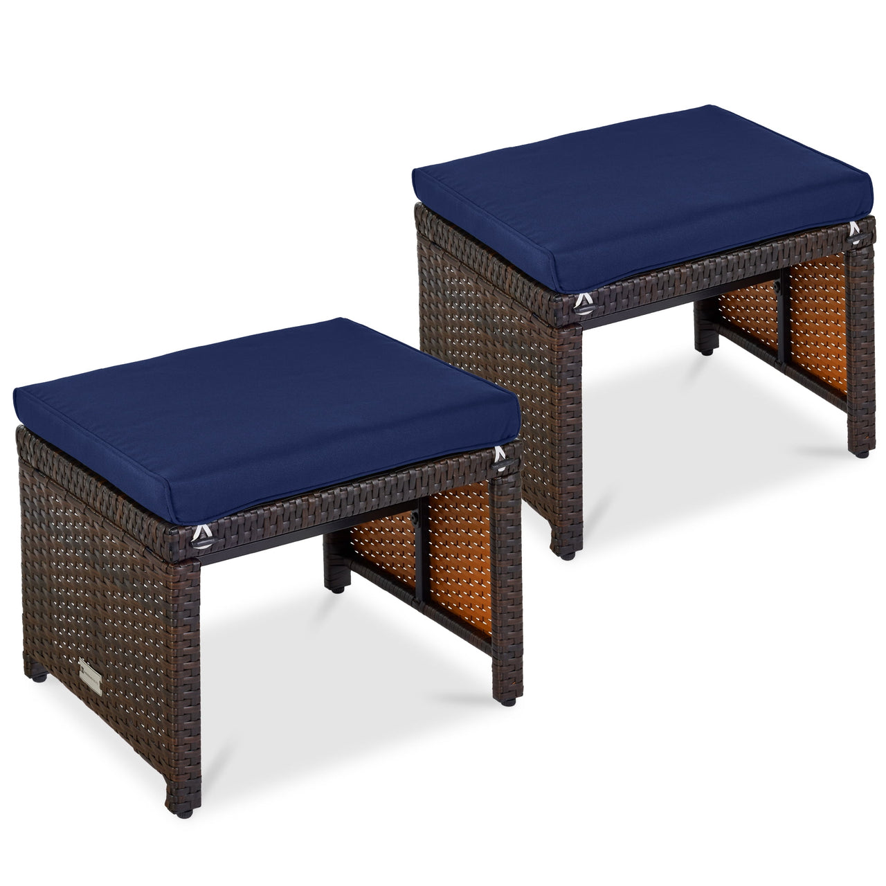 Best Choice Products Set of 2 Multipurpose Patio Wicker Ottomans w/ Removable Cushions - Gray/Navy