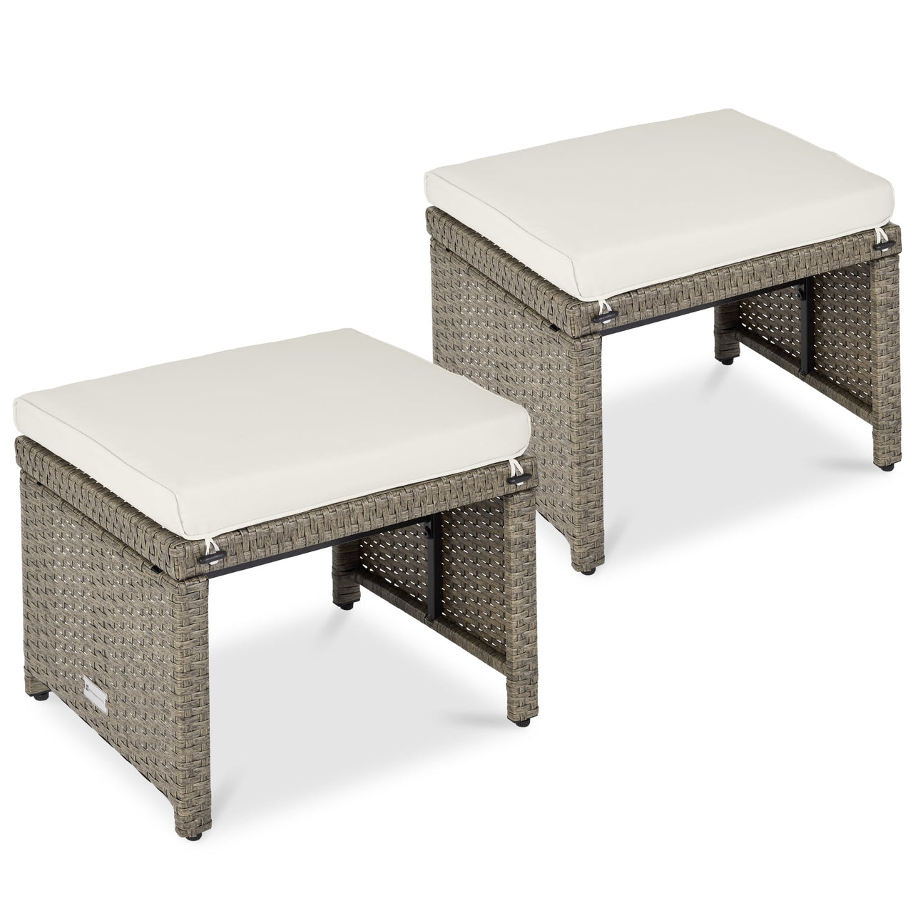 Best Choice Products Set of 2 Multipurpose Patio Wicker Ottomans w/ Removable Cushions - Gray/Navy