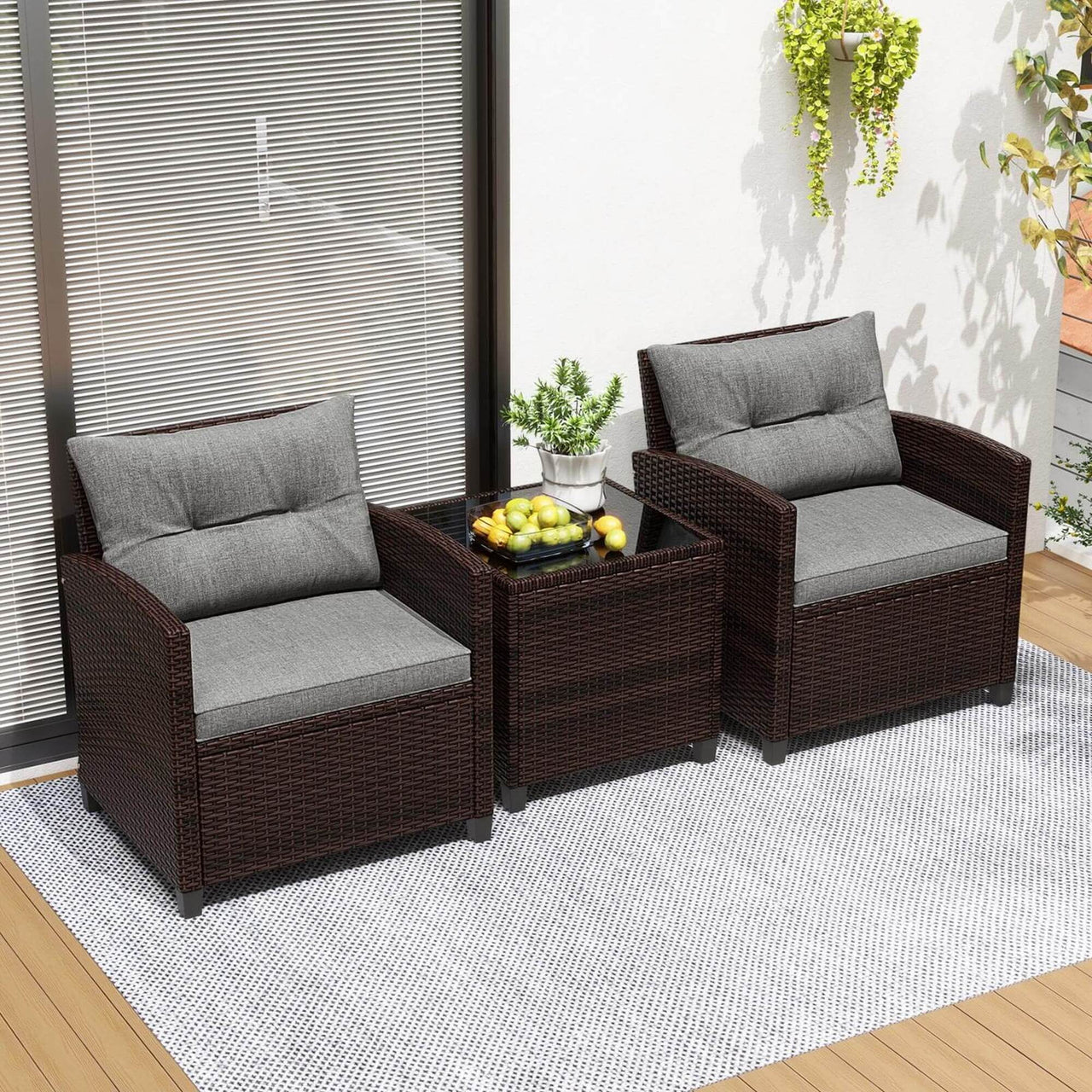 Costway 3PCS Patio Rattan Furniture Set Cushion Conversation Set Sofa Coffee Table Black