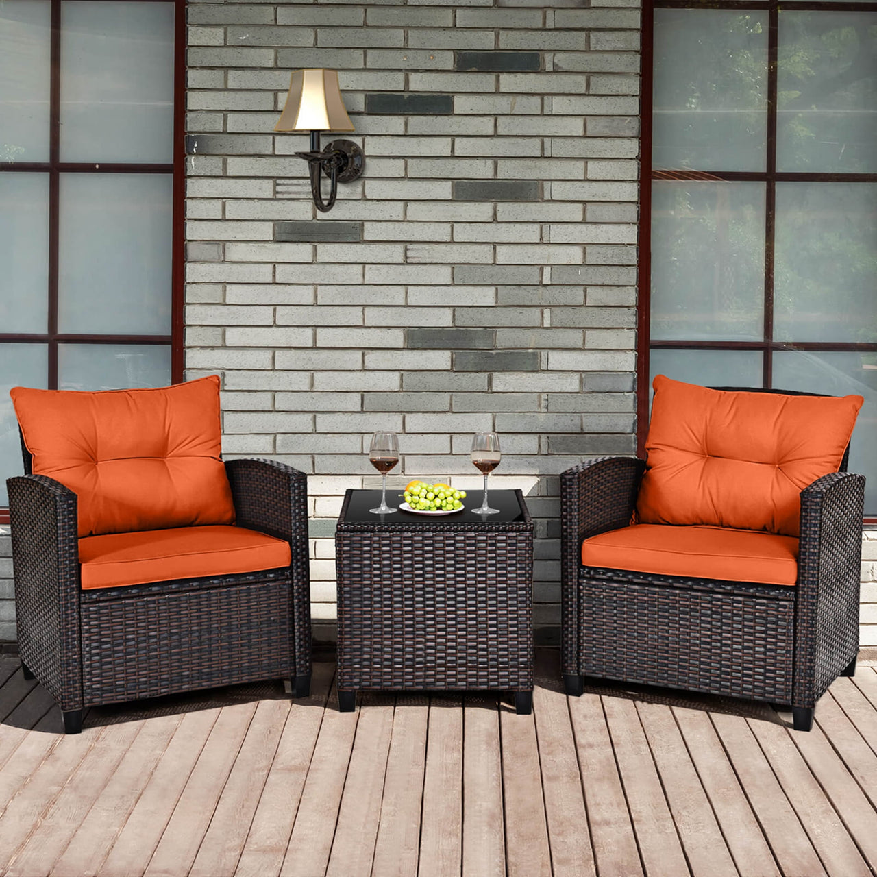 Costway 3PCS Patio Rattan Furniture Set Cushion Conversation Set Sofa Coffee Table Black