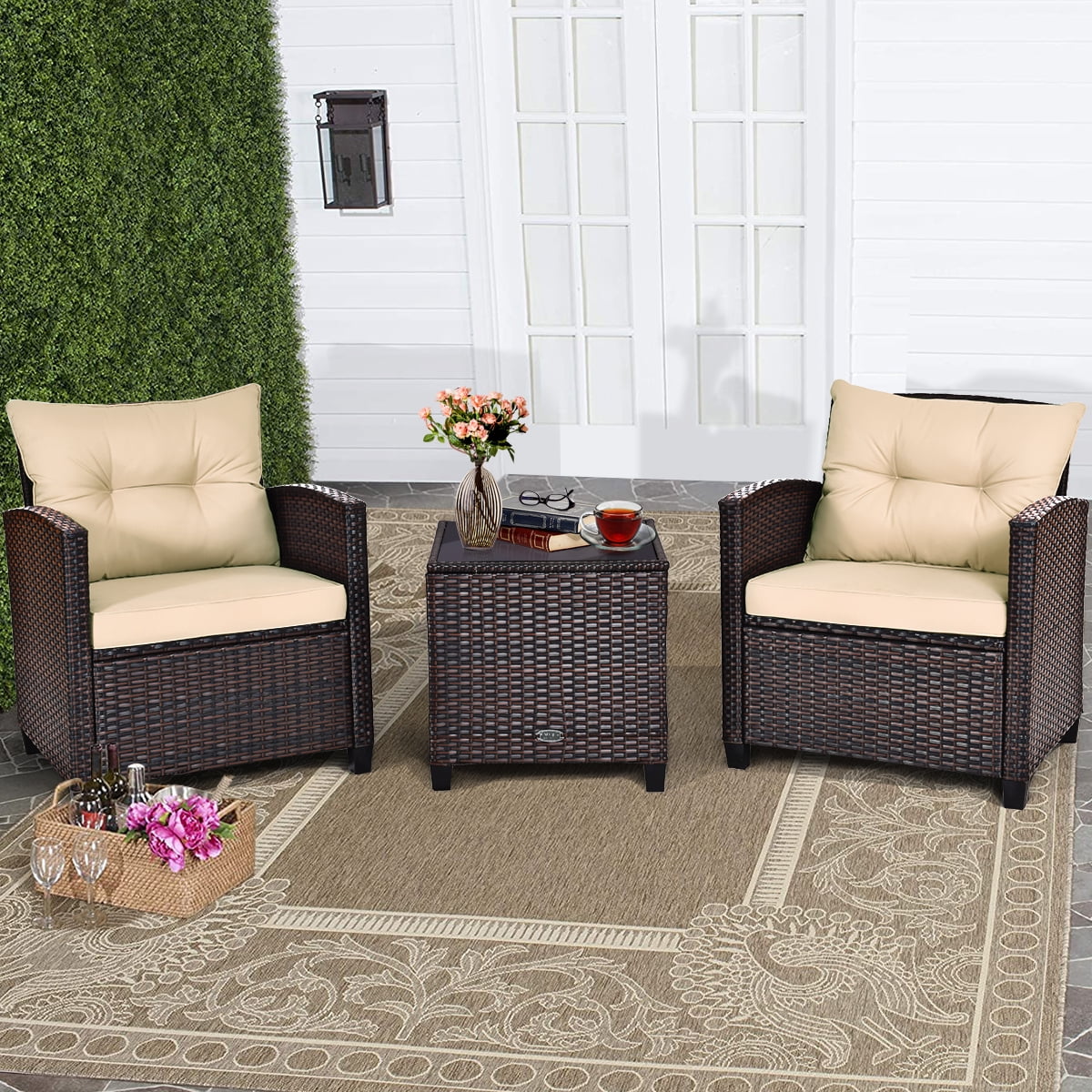 Costway 3PCS Patio Rattan Furniture Set Cushion Conversation Set Sofa Coffee Table Black