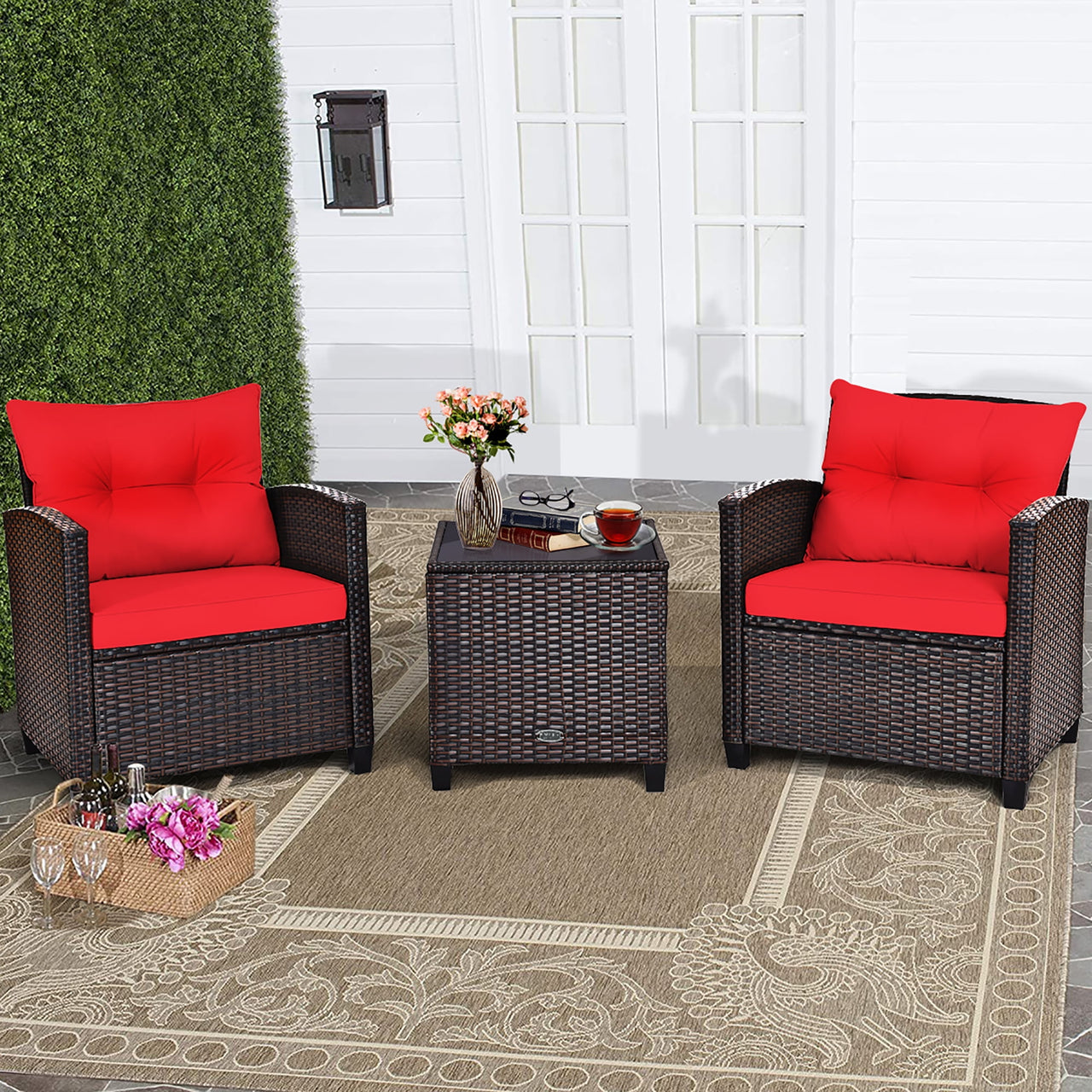 Costway 3PCS Patio Rattan Furniture Set Cushion Conversation Set Sofa Coffee Table Black