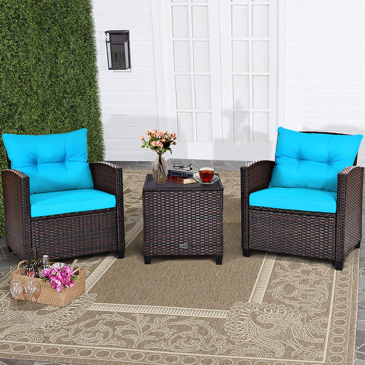 Costway 3PCS Patio Rattan Furniture Set Cushion Conversation Set Sofa Coffee Table Black
