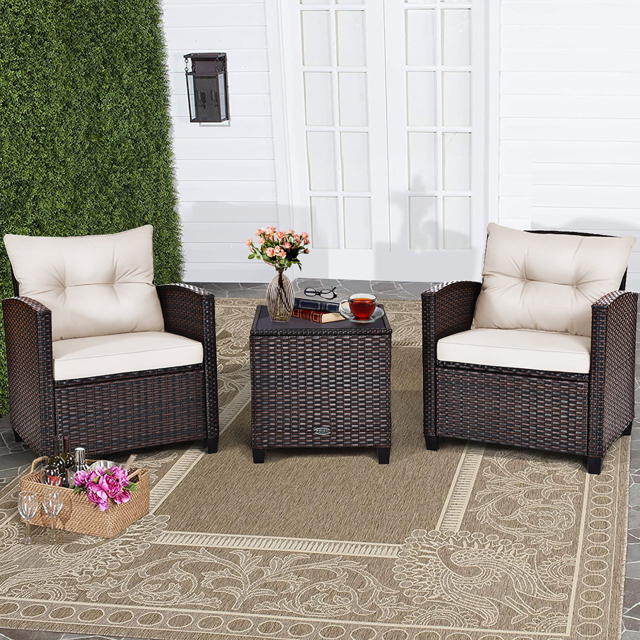 Costway 3PCS Patio Rattan Furniture Set Cushion Conversation Set Sofa Coffee Table Black