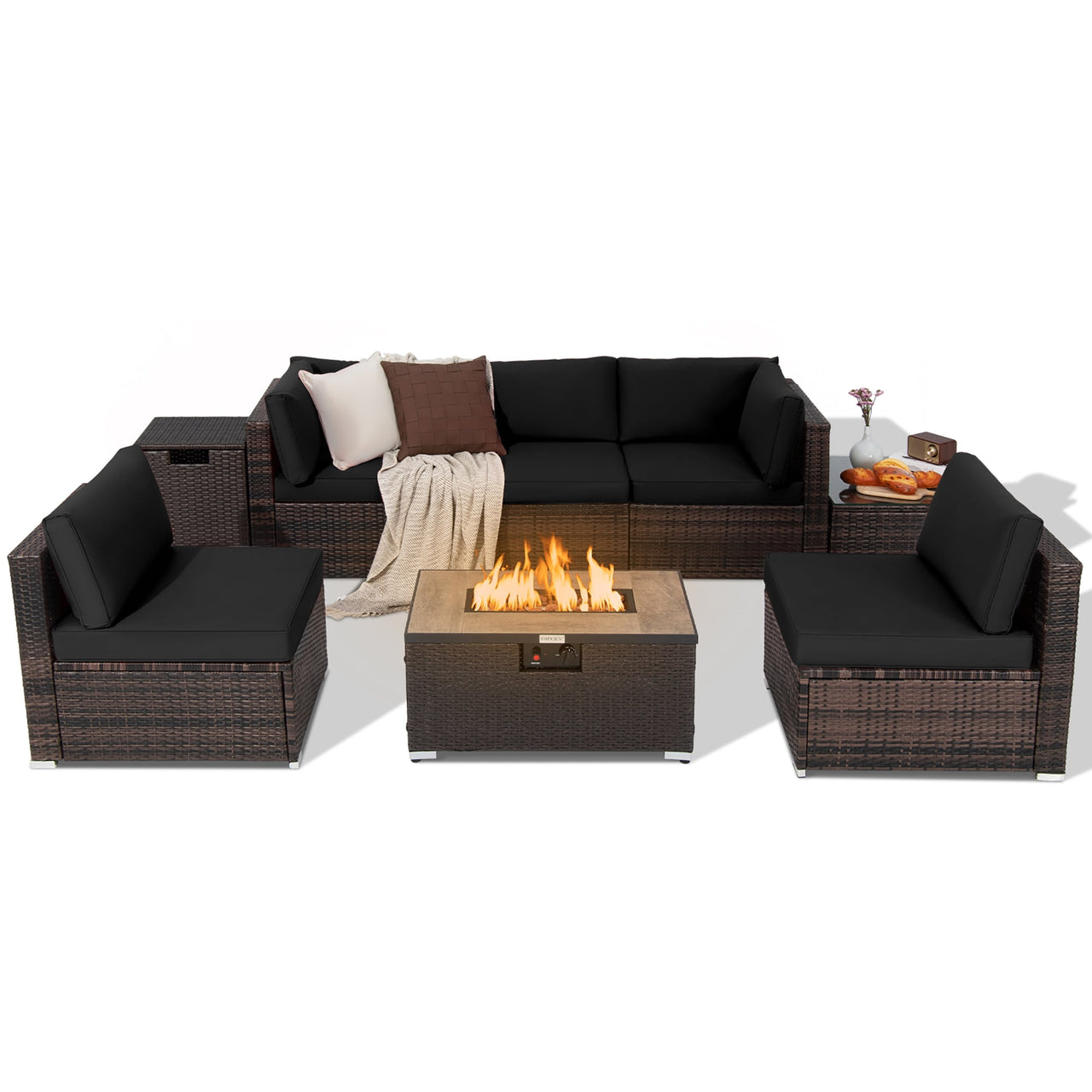 Costway 8PCS Patio Rattan Furniture Set Fire Pit Table Tank Holder Cover Deck Navy