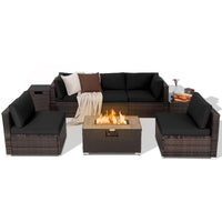 Costway 8PCS Patio Rattan Furniture Set Fire Pit Table Tank Holder Cover Deck Navy