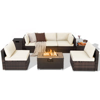 Costway 8PCS Patio Rattan Furniture Set Fire Pit Table Tank Holder Cover Deck Navy