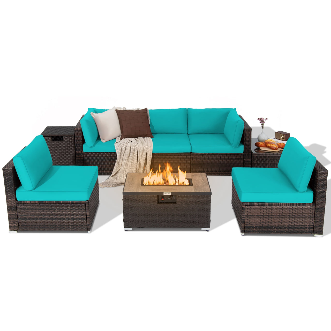 Costway 8PCS Patio Rattan Furniture Set Fire Pit Table Tank Holder Cover Deck Navy