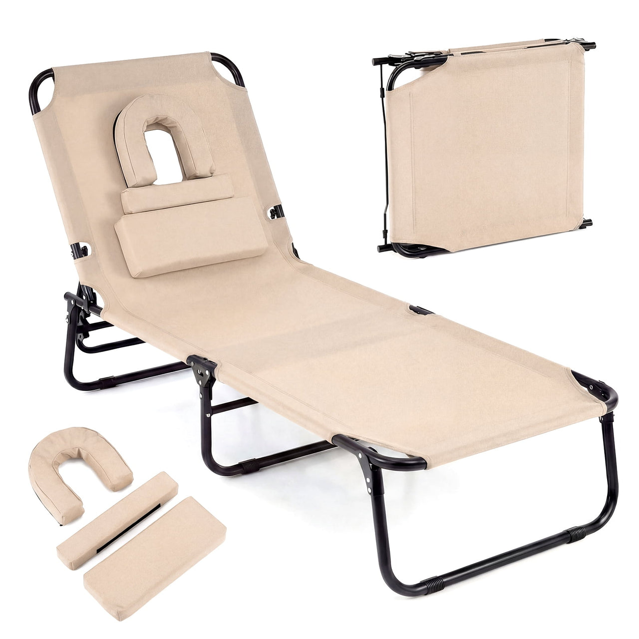Costway Beach Chaise Lounge Chair with Face Hole Pillows & 4-Position Adjustable Backrest Turquoise