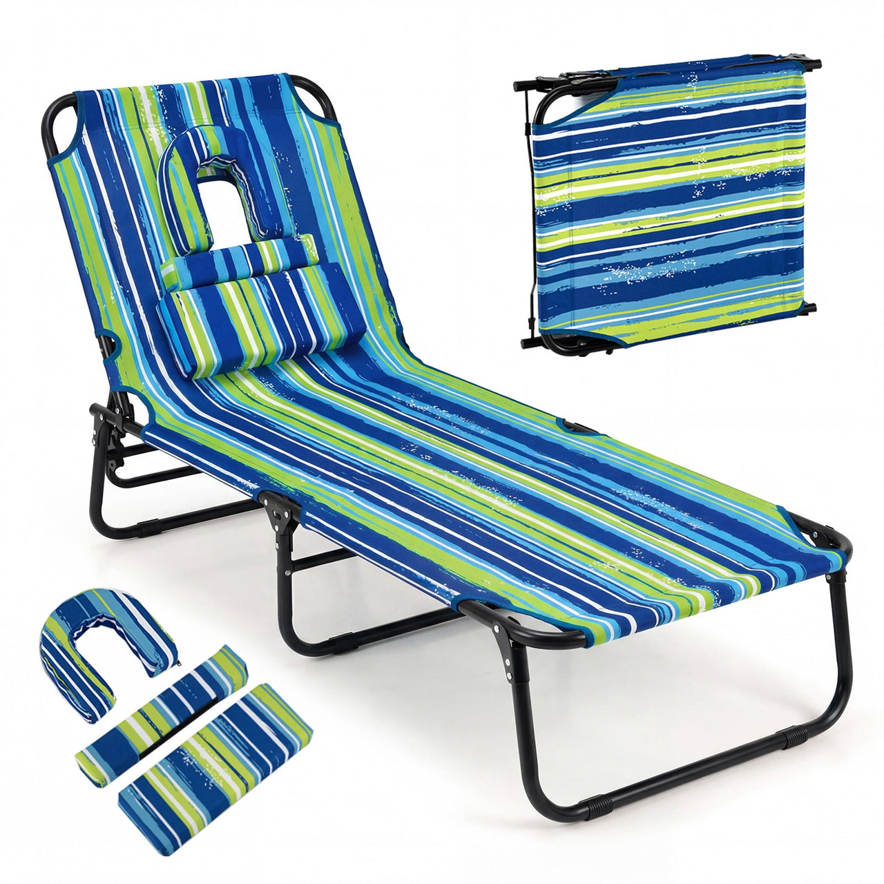 Costway Beach Chaise Lounge Chair with Face Hole Pillows & 4-Position Adjustable Backrest Turquoise