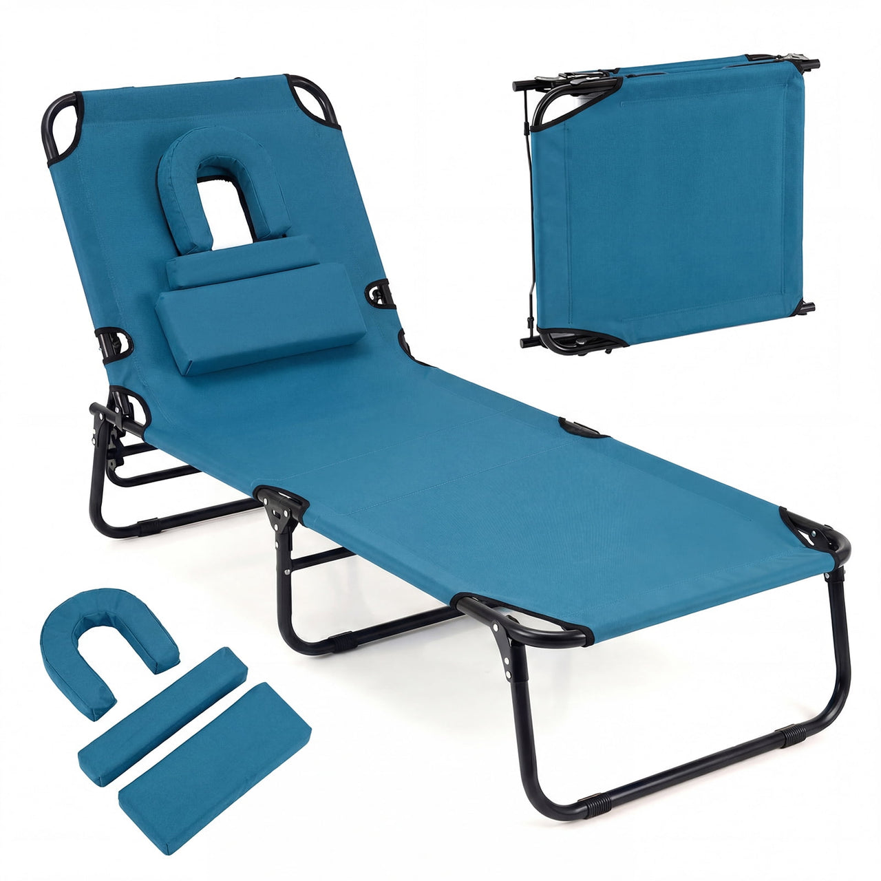 Costway Beach Chaise Lounge Chair with Face Hole Pillows & 4-Position Adjustable Backrest Turquoise