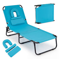 Costway Beach Chaise Lounge Chair with Face Hole Pillows & 4-Position Adjustable Backrest Turquoise