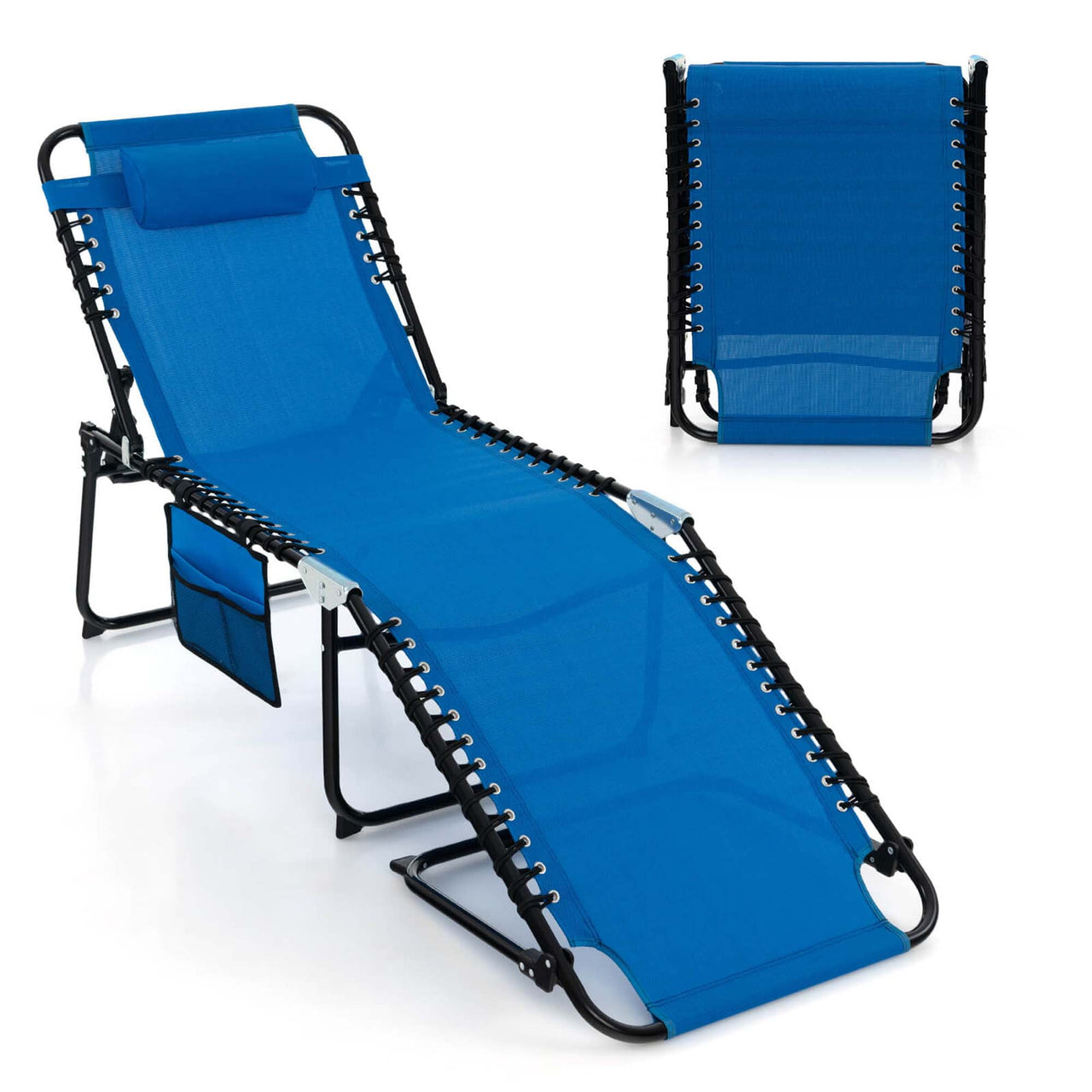 Costway Folding Lounge Chaise 16'' High Recline Chair W/Adjustable Backrest and Footrest Black