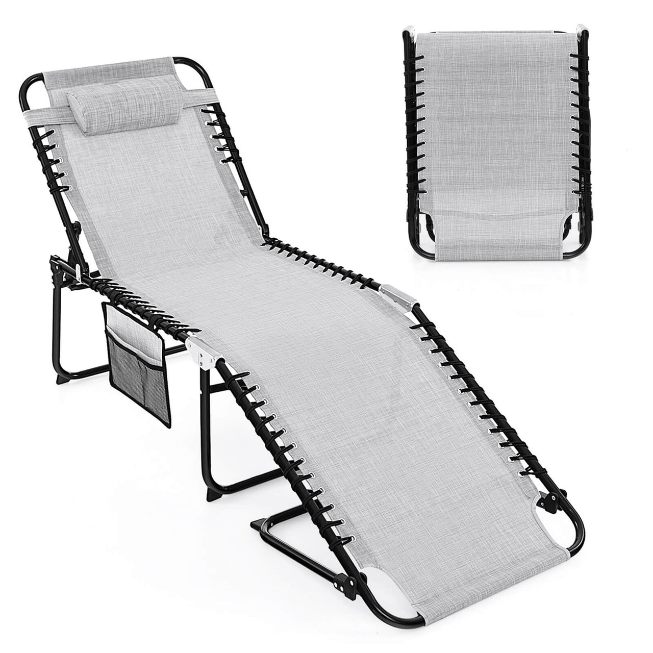Costway Folding Lounge Chaise 16'' High Recline Chair W/Adjustable Backrest and Footrest Black
