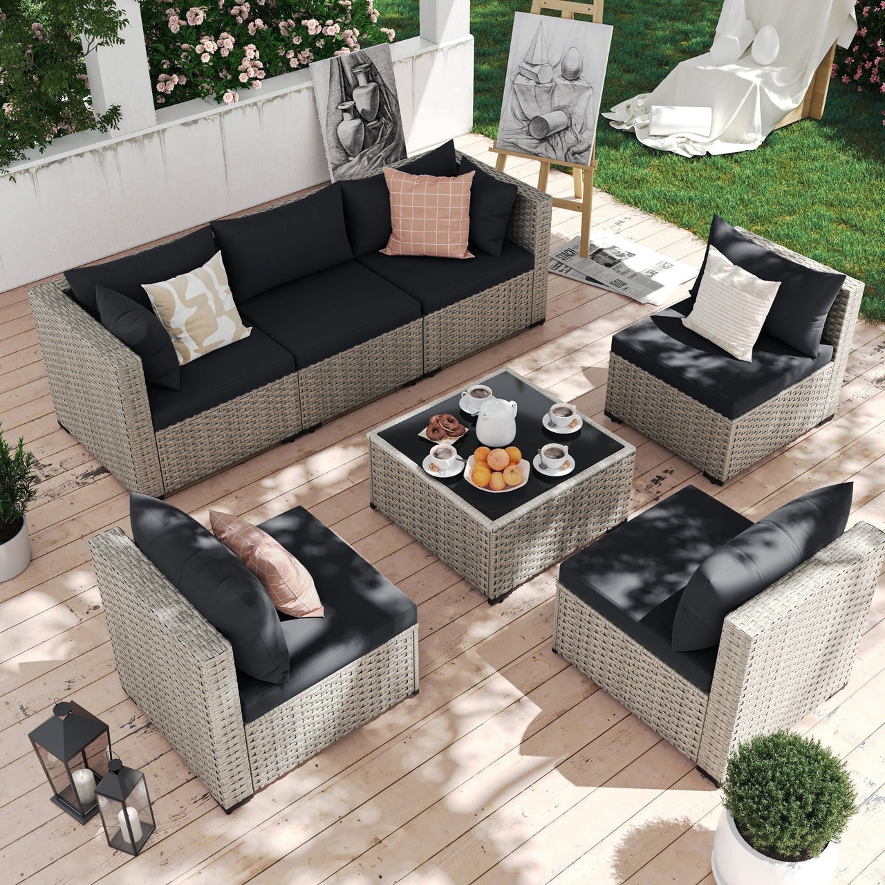 7 Pieces Patio Conversation Set, Outdoor Sectional PE Rattan Wicker Furniture Seat,Dark Gray
