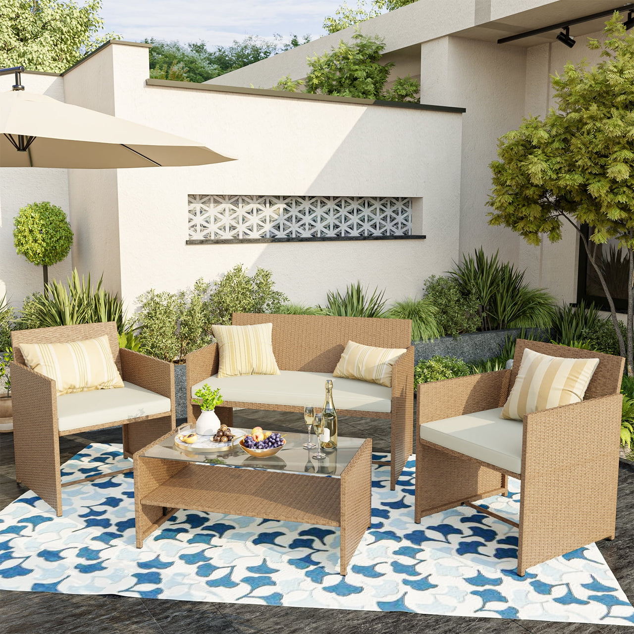 ELPOSUN 4-Piece Patio Rattan Furniture Set with Cushions & Tempered Glass Tabletop, Beige