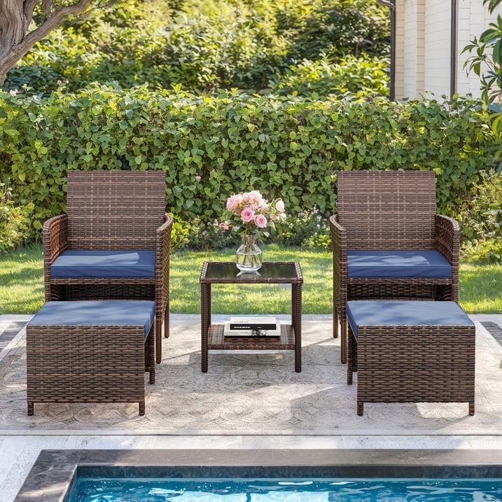ELPOSUN 5 Piece Patio Furniture Set, Outdoor Conversation Rattan Chair with Ottomans/Storage Coffee Table for Patio,Balcony ,Poolside Deck, Navy