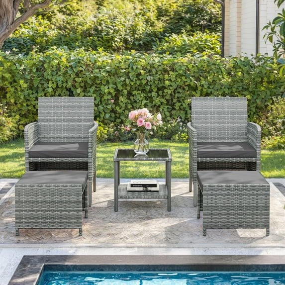 ELPOSUN 5 Piece Patio Furniture Set, Outdoor Conversation Rattan Chair with Ottomans/Storage Coffee Table for Patio,Balcony ,Poolside Deck, Navy