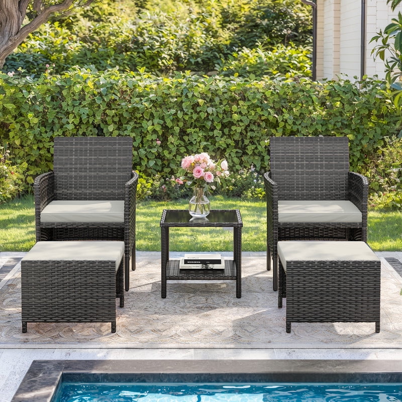 ELPOSUN 5 Piece Patio Furniture Set, Outdoor Conversation Rattan Chair with Ottomans/Storage Coffee Table for Patio,Balcony ,Poolside Deck, Navy