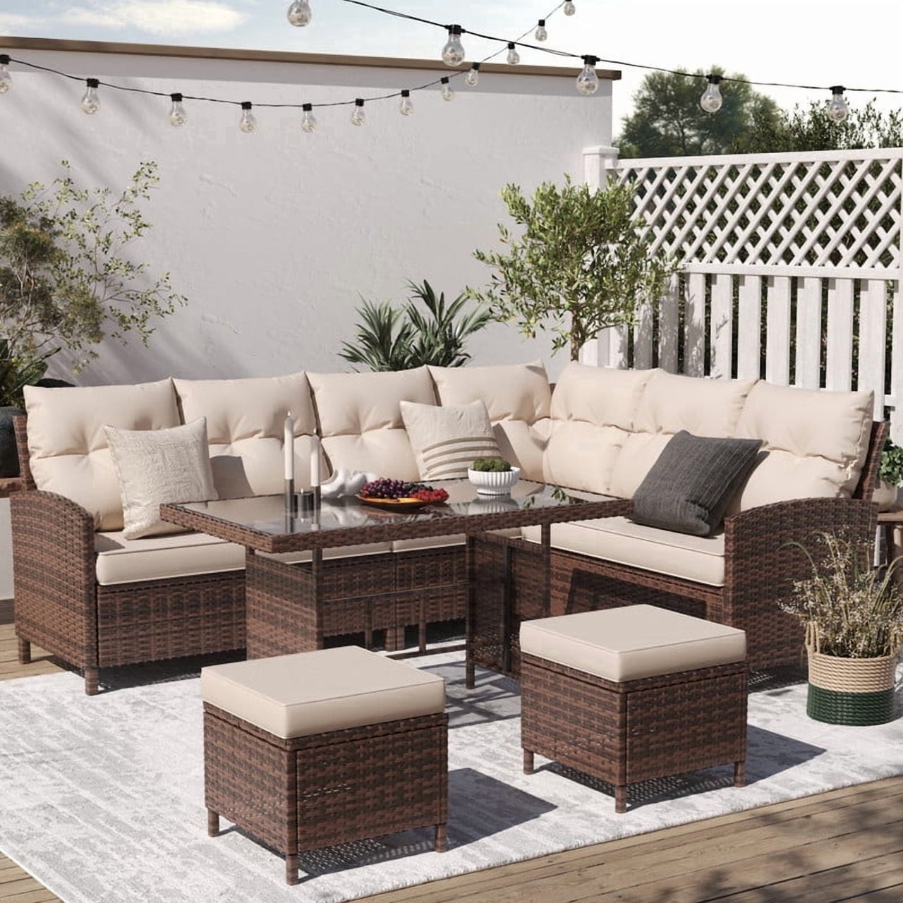 ELPOSUN 7-Piece Outdoor Patio Furniture Set - Sectional Sofa, Dining Table & Chairs Included, All-Weather Conversation Set with Ottoman, Gray Rattan,Gray